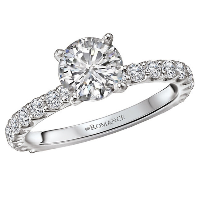 Romance Diamond ring in 14kt white gold with a 14K peg head center. (D 1/2 carat total weight) This item is a SEMI-MOUNT and it comes with NO CENTER STONE as shown but it will accommodate a 6.5mm round center stone. Peg Head