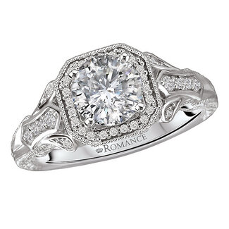 Romance This 14kt white gold semi-mount ring has beautiful engraving and milgrain designs with an octagon shaped halo that surrounds a center setting that will accommodate a 6.5mm round diamond. (D 1/5 carat total weight)