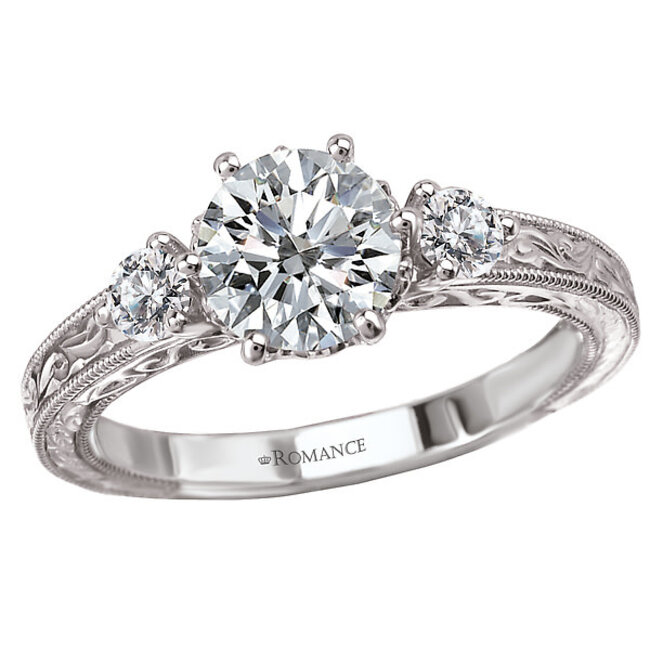 Romance Diamond Ring in 14kt White Gold with Scroll Detail. (D. 1/5 carat total weight) This item is a SEMI-MOUNT and it comes with NO CENTER STONE as shown but it will accommodate a 6.5mm round center stone.
