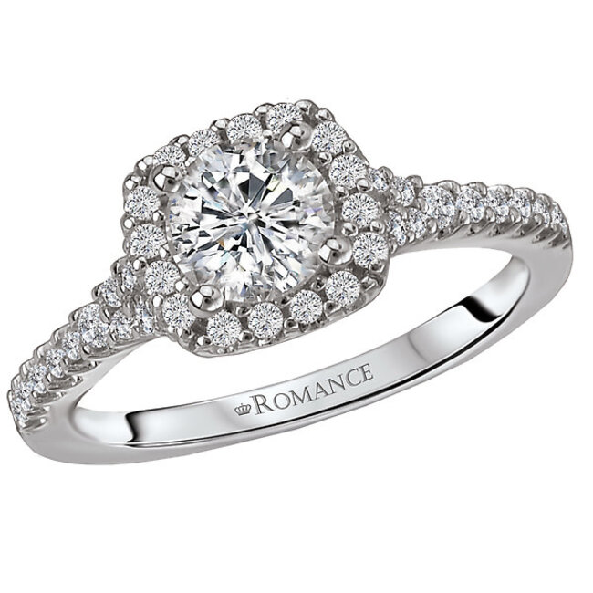 Romance Cushion Shaped Halo Diamond Ring in 14kt White Gold. (D 3/8 carat total weight) This ring is a SEMI-MOUNT and it comes with NO CENTER STONE but it will accommodate a 6.5mm round center stone.