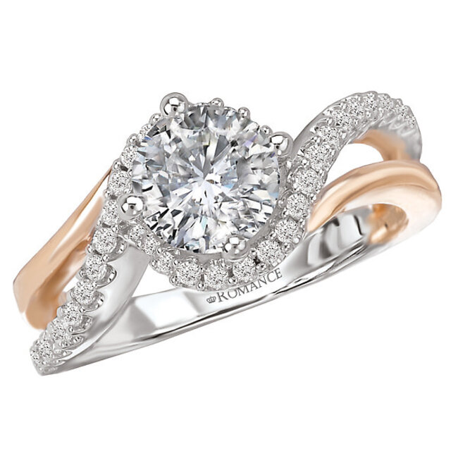 Romance Swirl Design Diamond Engagement Ring in 14kt White and Rose Gold. (D. 1/4 carat total weight). This item is a SEMI-MOUNT and it comes with NO CENTER STONE as shown but it will accommodate a 6.5mm round center stone.