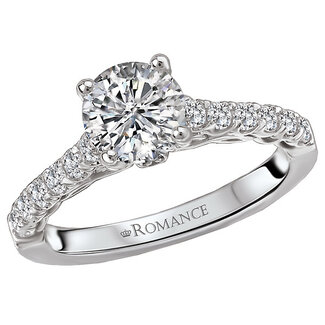Romance Diamond Engagement Ring in 14kt White Gold. (D 3/8 carat total weight) This item is a SEMI-MOUNT and it comes with NO CENTER STONE as shown but it will accommodate a 6.5mm round center stone.