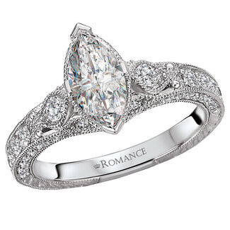 Romance Diamond Ring in 14kt White Gold with Milgrain Detail. (D. 3/8 carat total weight) This item is a SEMI-MOUNT and it comes with NO CENTER STONE as shown but it will accommodate a 10x5mm marquise cut center stone.