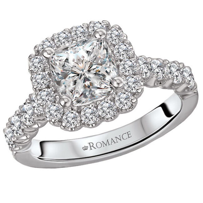Romance Micro-Set 14kt White Gold Diamond Ring with a Cushion Style Halo. (D 3/4 carat total weight) This item is a SEMI-MOUNT and it comes with NO CENTER STONE as shown but it will accommodate a 6.5-7mm cushion cut center stone.