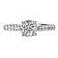 Romance Cathedral style diamond ring in 14kt white gold with a 14K peg head center. (D. 1/2 carat total weight) This item is a SEMI-MOUNT and it comes with NO CENTER STONE as shown but it will accommodate a 6.5mm round or 5.5 cushion cut center stone. Peg Head