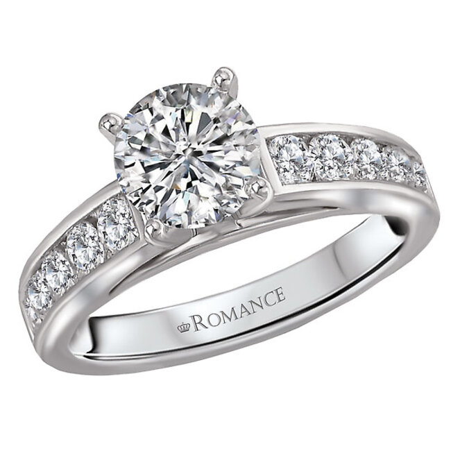 Romance Round channel set diamond ring in 14kt white gold with a 14K peg head center. (D. 5/8 carat total weight) This item is a SEMI-MOUNT and it comes with NO CENTER STONE as shown but it will accommodate a 6.5mm round center stone. peg head