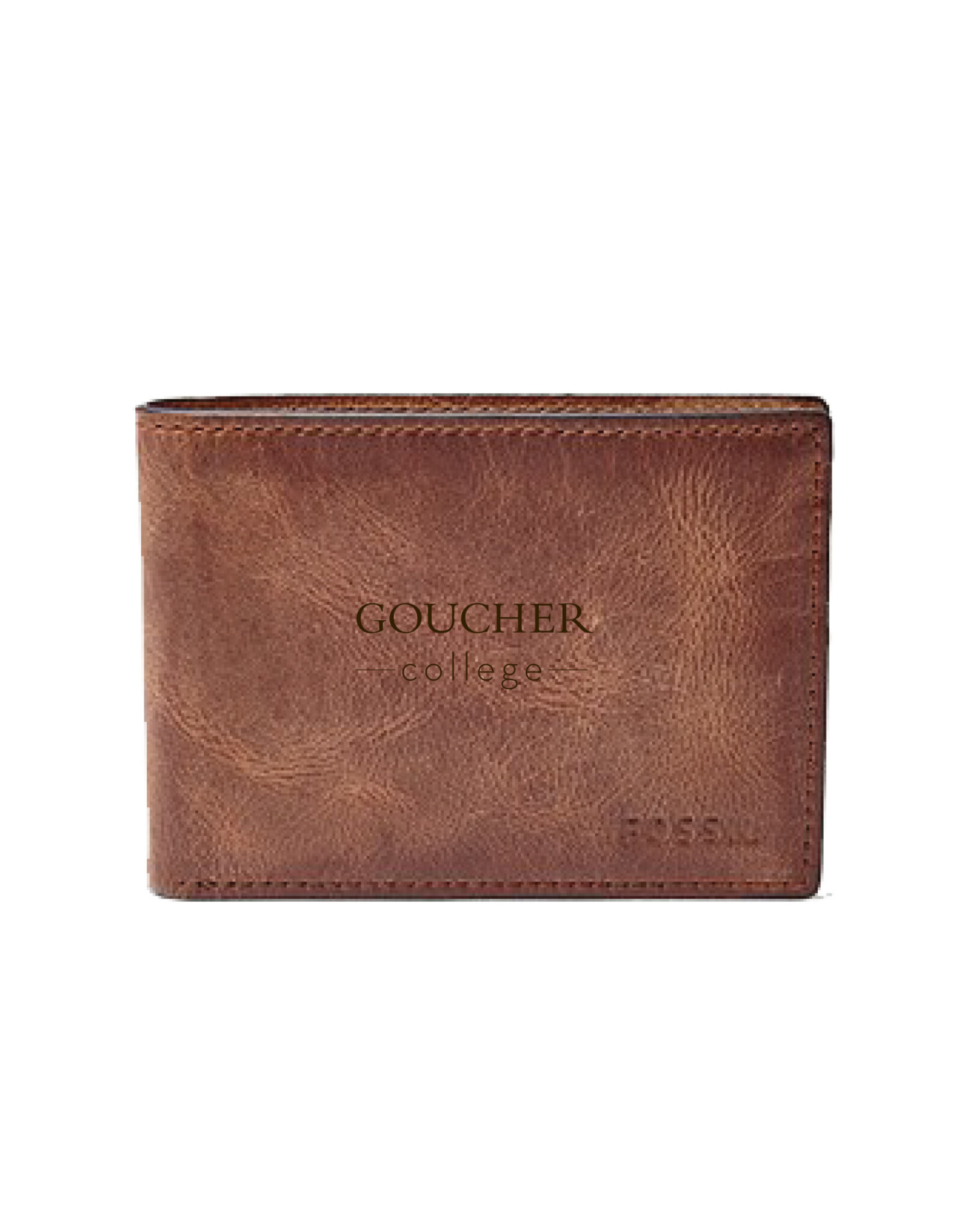 Fossil Derrick Front Pocket Bifold "Goucher College" Brown