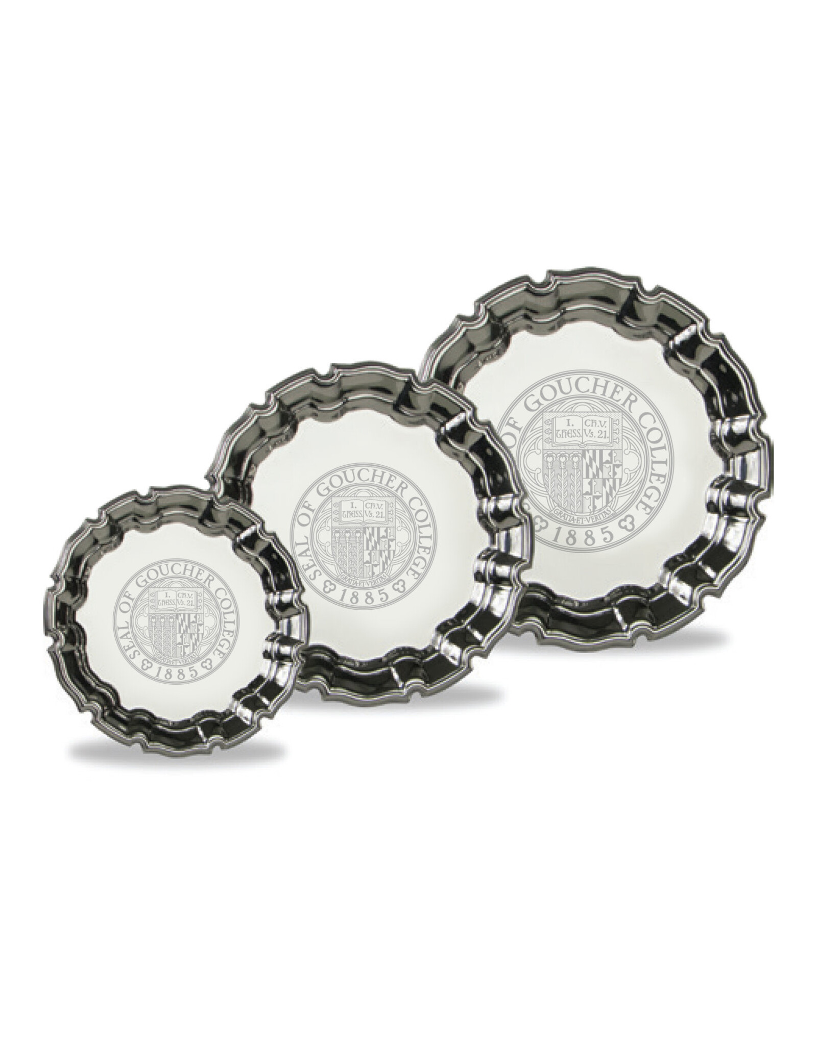 Campus Crystal Scrolled-Edge Silver Plated Chippendale Tray "Goucher Seal"