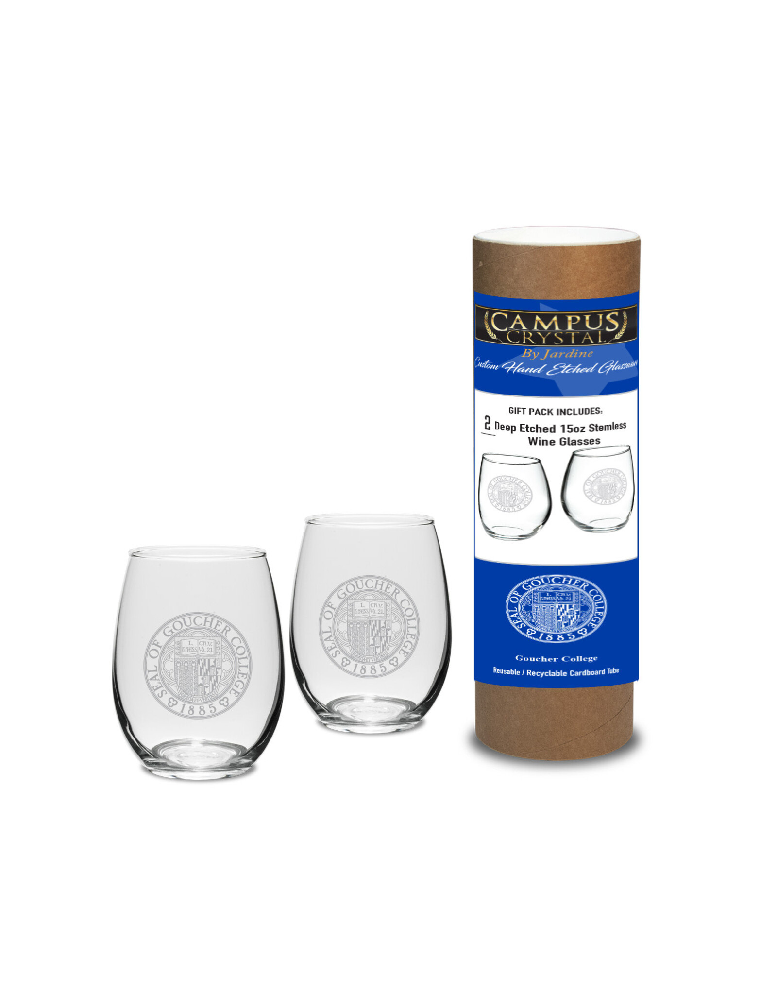 Campus Crystal 15oz Stemless Wine Glass "Goucher Seal" - Gift Canister Set of 2