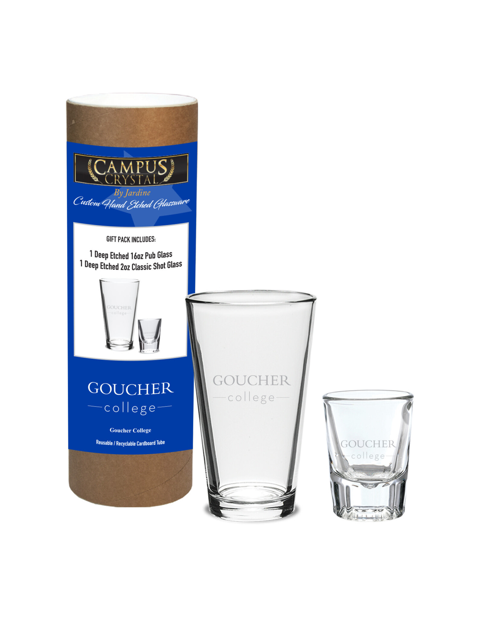 Campus Crystal 16oz Pint Glass with Classic Shot Glass Set "Goucher College"