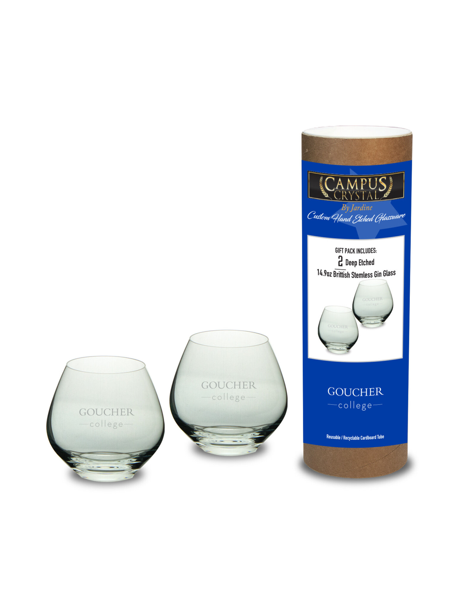 Campus Crystal 14.9oz British Stemless Gin Glass "Goucher College" 2-Pack