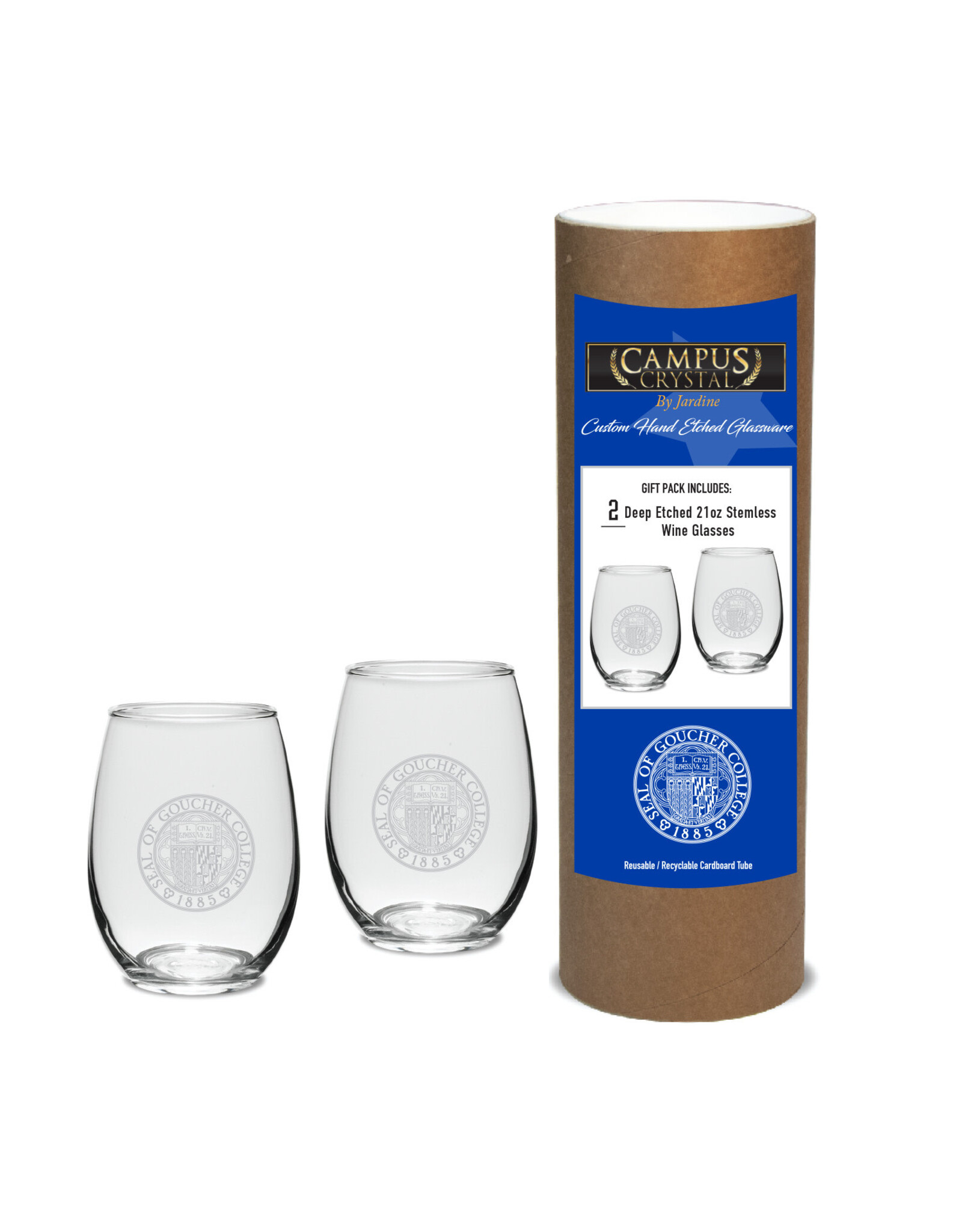 Campus Crystal 21oz Stemless Wine Glasses "Goucher Seal" - Gift Canister Set of 2