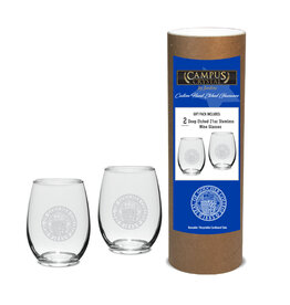 Campus Crystal 21oz Stemless Wine Glasses "Goucher Seal" - Gift Canister Set of 2