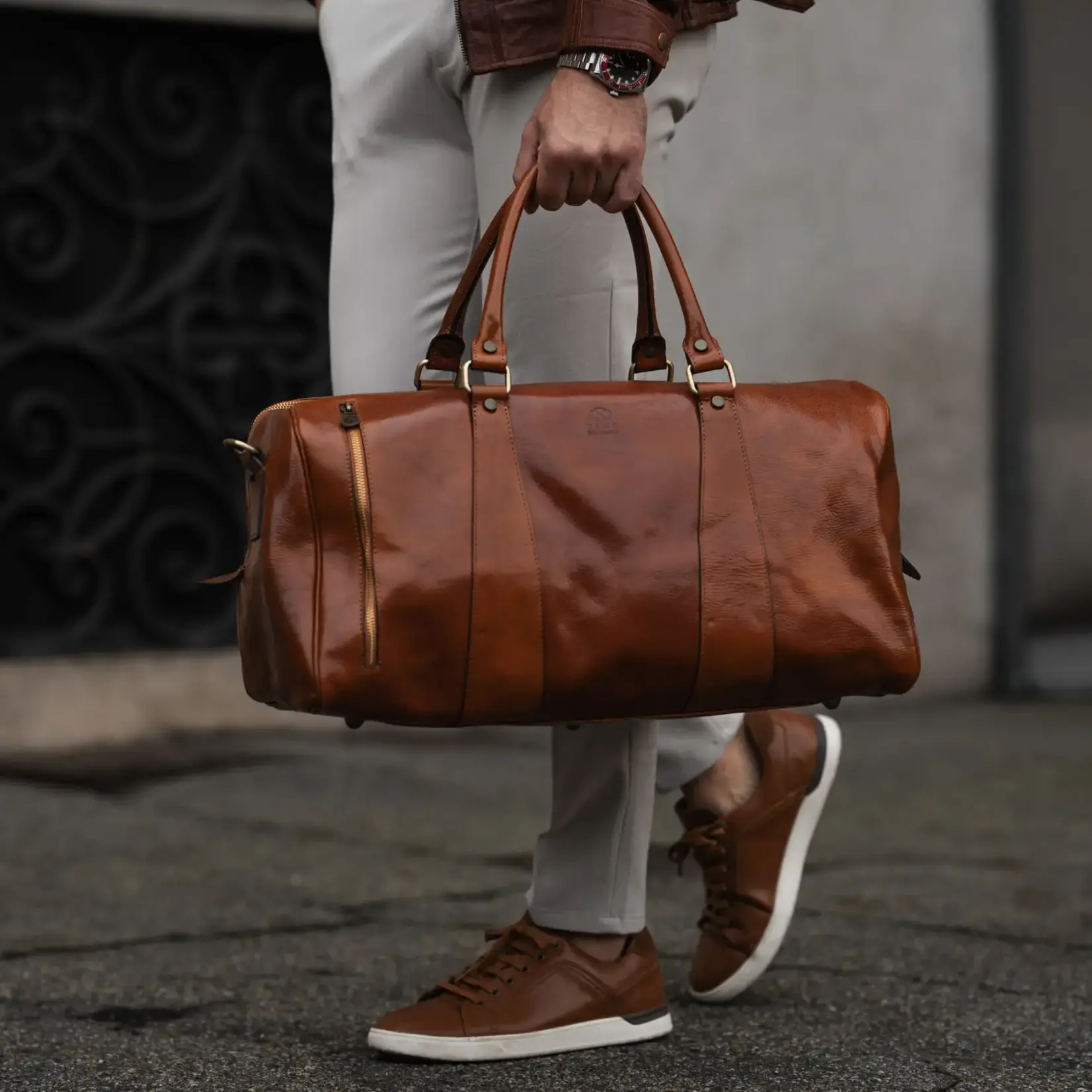 Time Resistance Brown Leather Duffle Bag, Wise Children Travel Bag