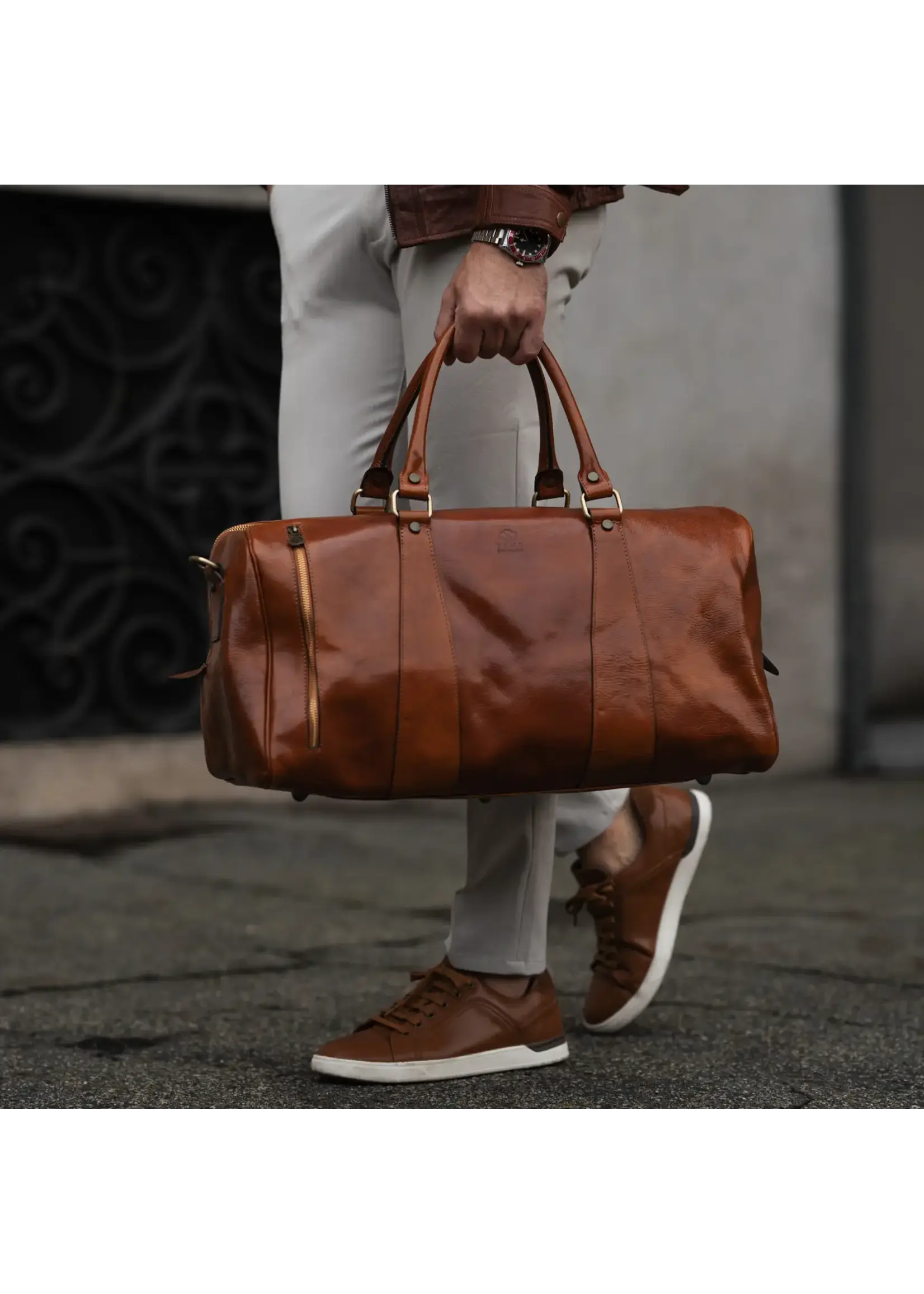 Time Resistance Brown Leather Duffle Bag, Wise Children Travel Bag