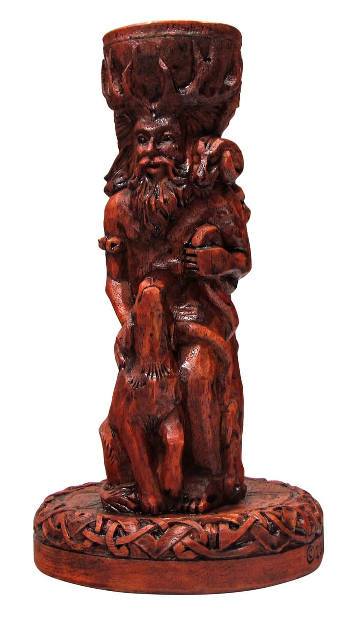 Horned God candle holder in wood finish, a fire element piece for the altar