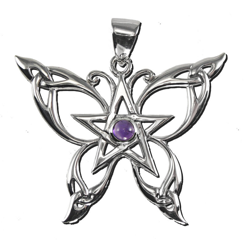 Butterfly Pentacle Pendant with Amethyst in Sterling Silver