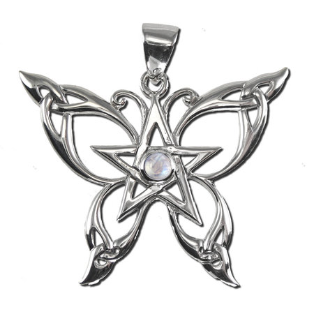 Butterfly Pentacle Pendant with Rainbow Moonstone in Sterling Silver