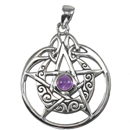 Crescent Moon Pentacle Circle Pendant with Amethyst in Sterling Silver