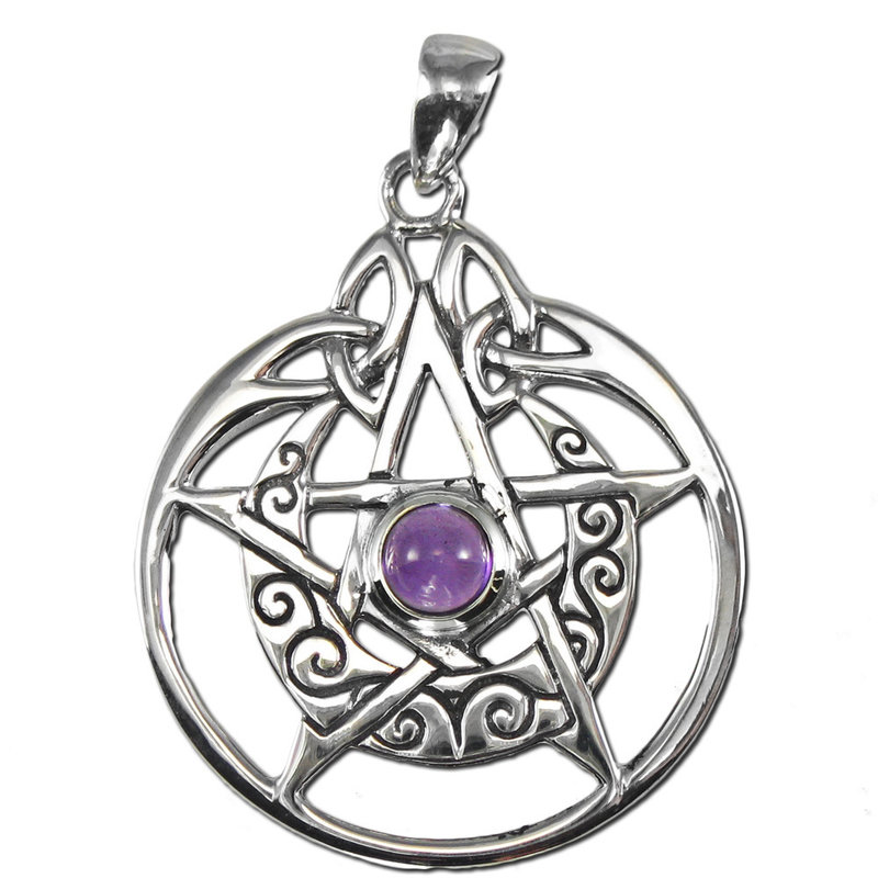 Crescent Moon Pentacle Circle Pendant with Amethyst in Sterling Silver