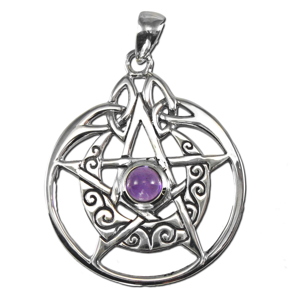 Crescent Moon Pentacle Circle Pendant with Amethyst in Sterling Silver
