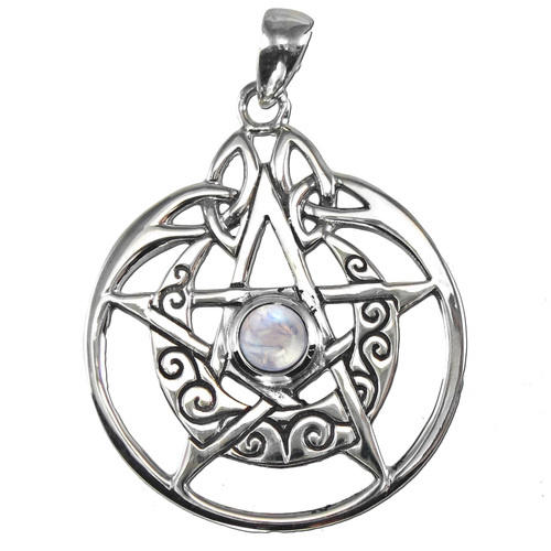 Crescent Moon Pentacle Circle Pendant with Rainbow Moonstone in Sterling Silver