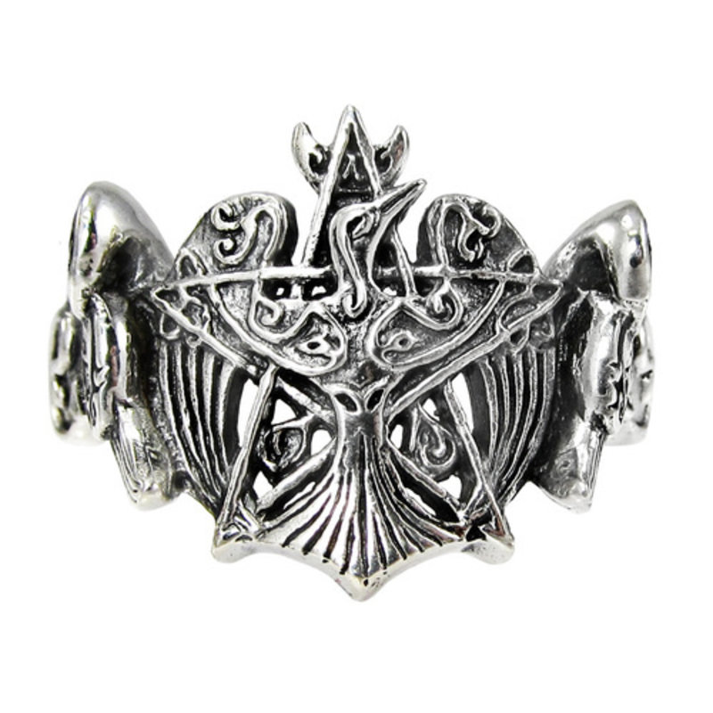 Crescent Raven Pentacle Ring in Sterling Silver