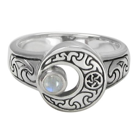 Crescent Moon Ring with Rainbow Moonstone in Sterling Silver