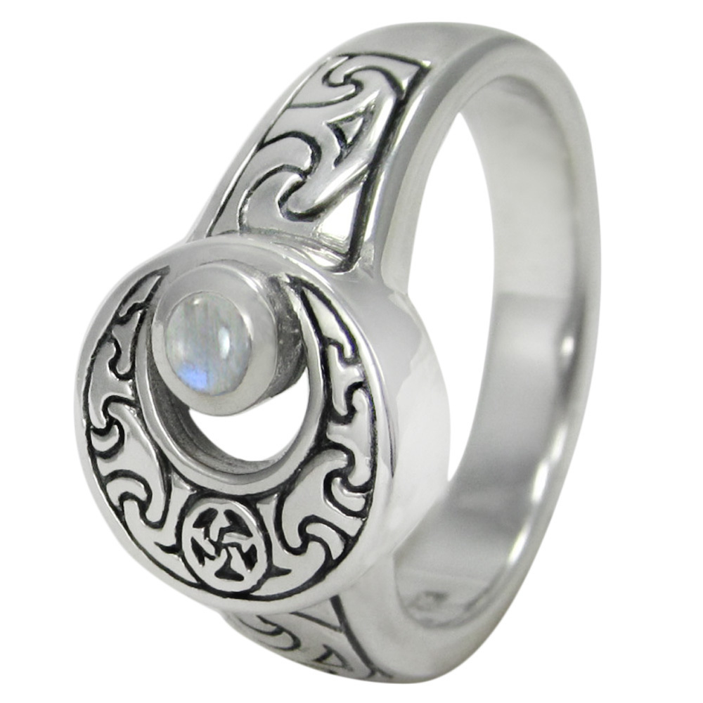 Crescent Moon Ring with Rainbow Moonstone in Sterling Silver