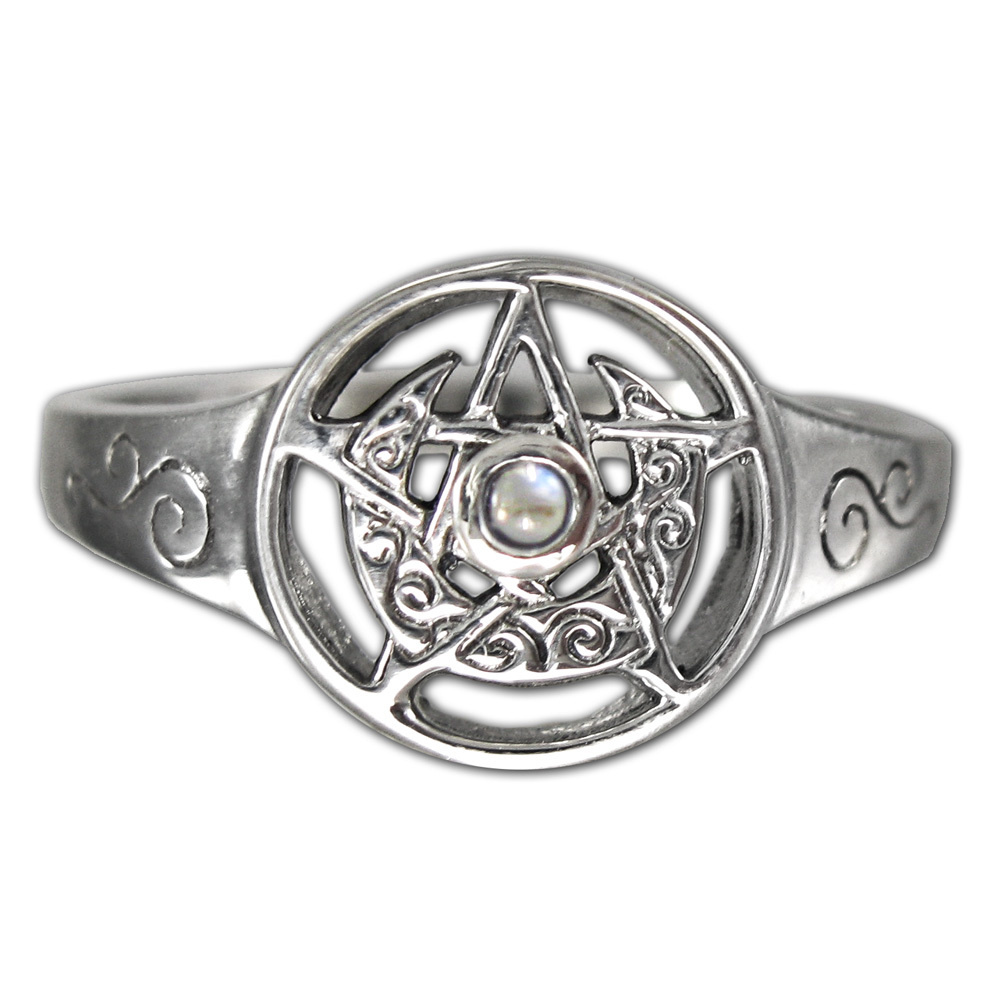 Crescent Moon Pentacle Ring with Rainbow Moonstone in Sterling Silver