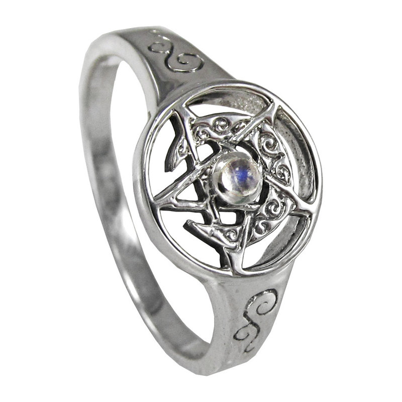 Crescent Moon Pentacle Ring with Rainbow Moonstone in Sterling Silver