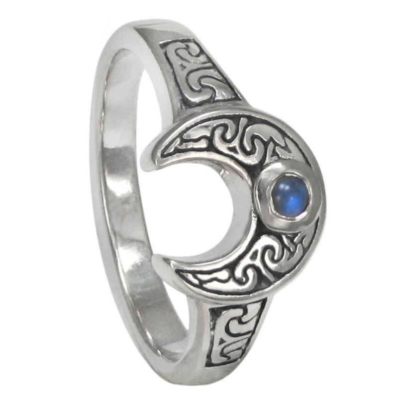 Horned Moon Ring with Rainbow Moonstone in Sterling Silver