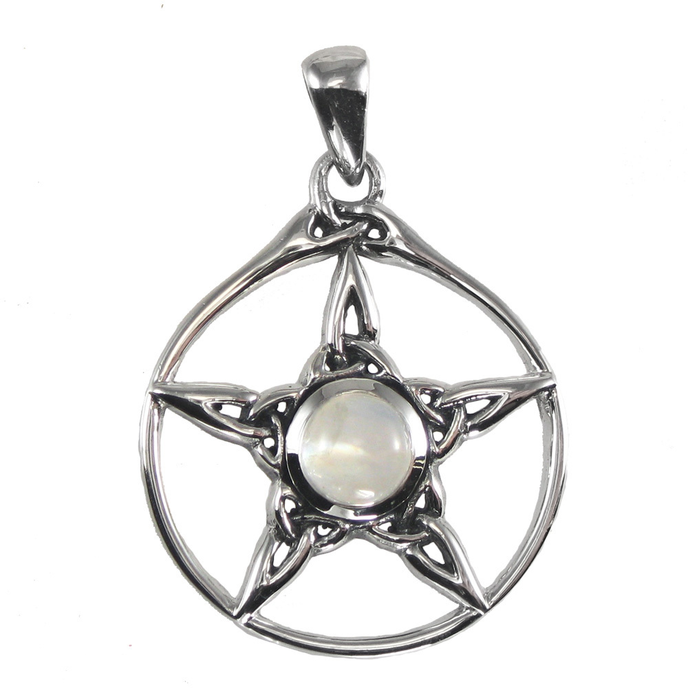 Triquetra Pentacle Pendant with Rainbow Moonstone in Sterling Silver
