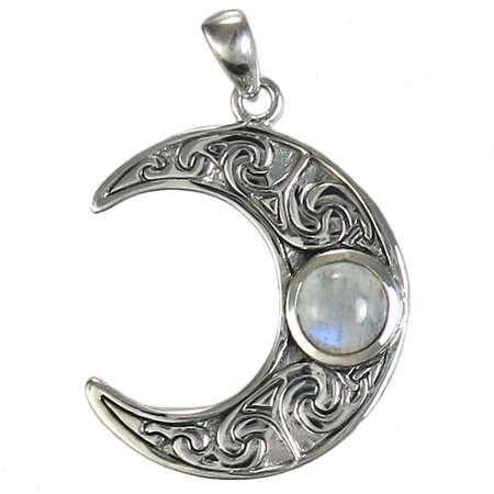 Horned Moon Crescent Pendant with Moonstone in Sterling Silver