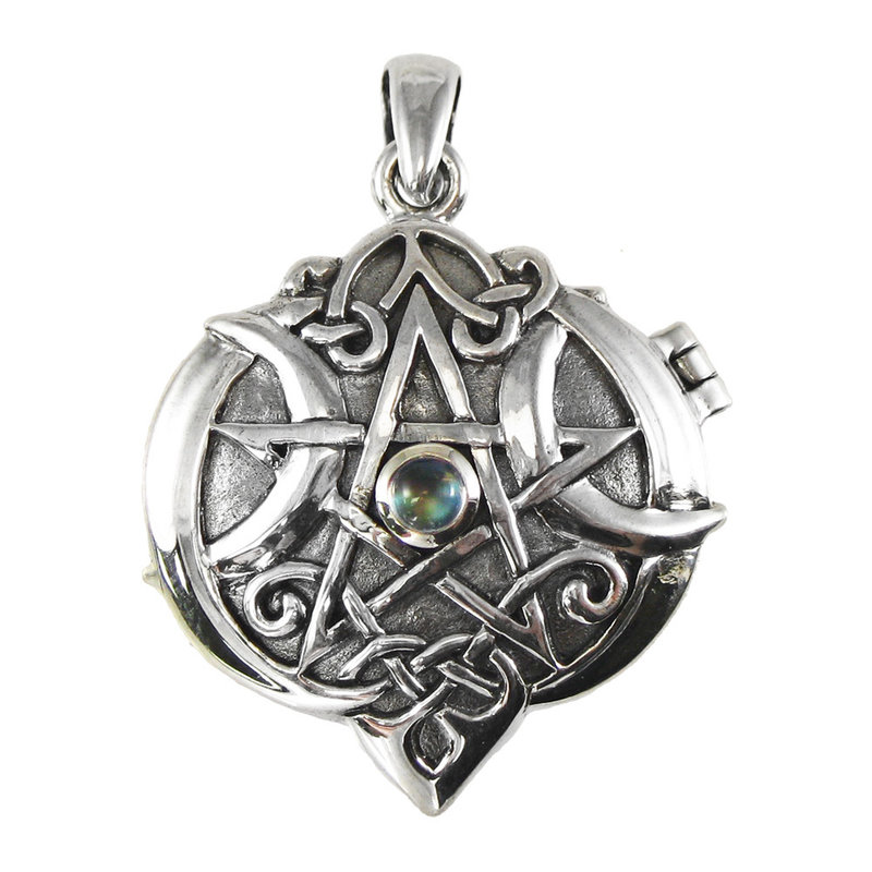 Heart Pentacle Locket in Sterling Silver with Rainbow Moonstone