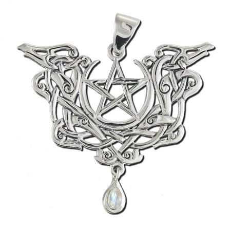 Dragon Pentacle Pendant in Sterling Silver with Rainbow Moonstone