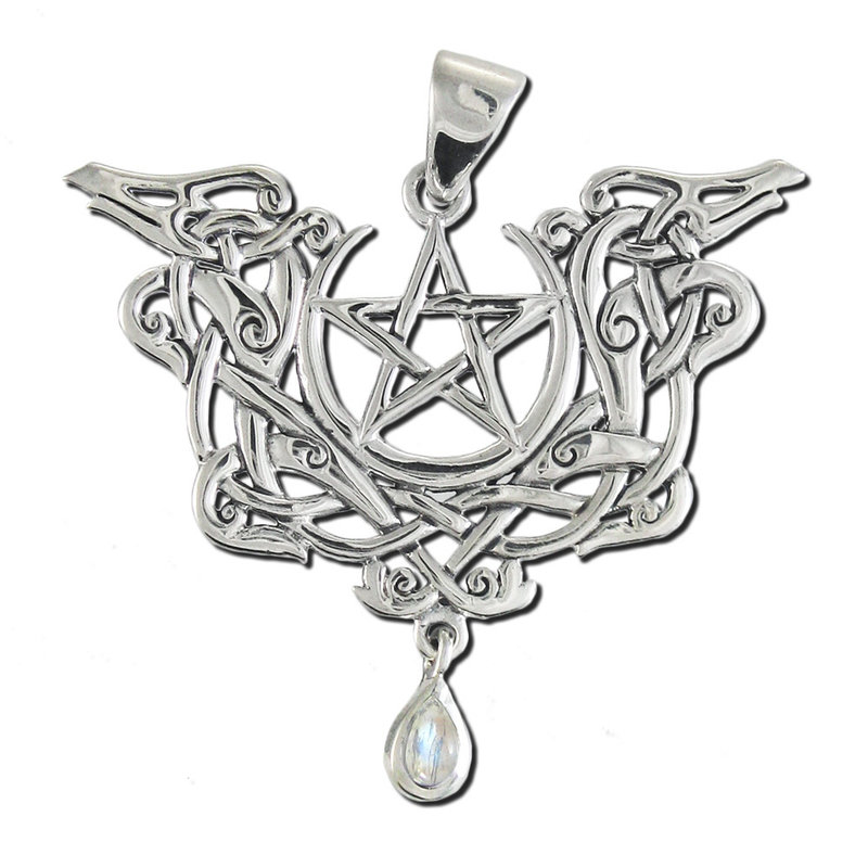 Dragon Pentacle Pendant in Sterling Silver with Rainbow Moonstone