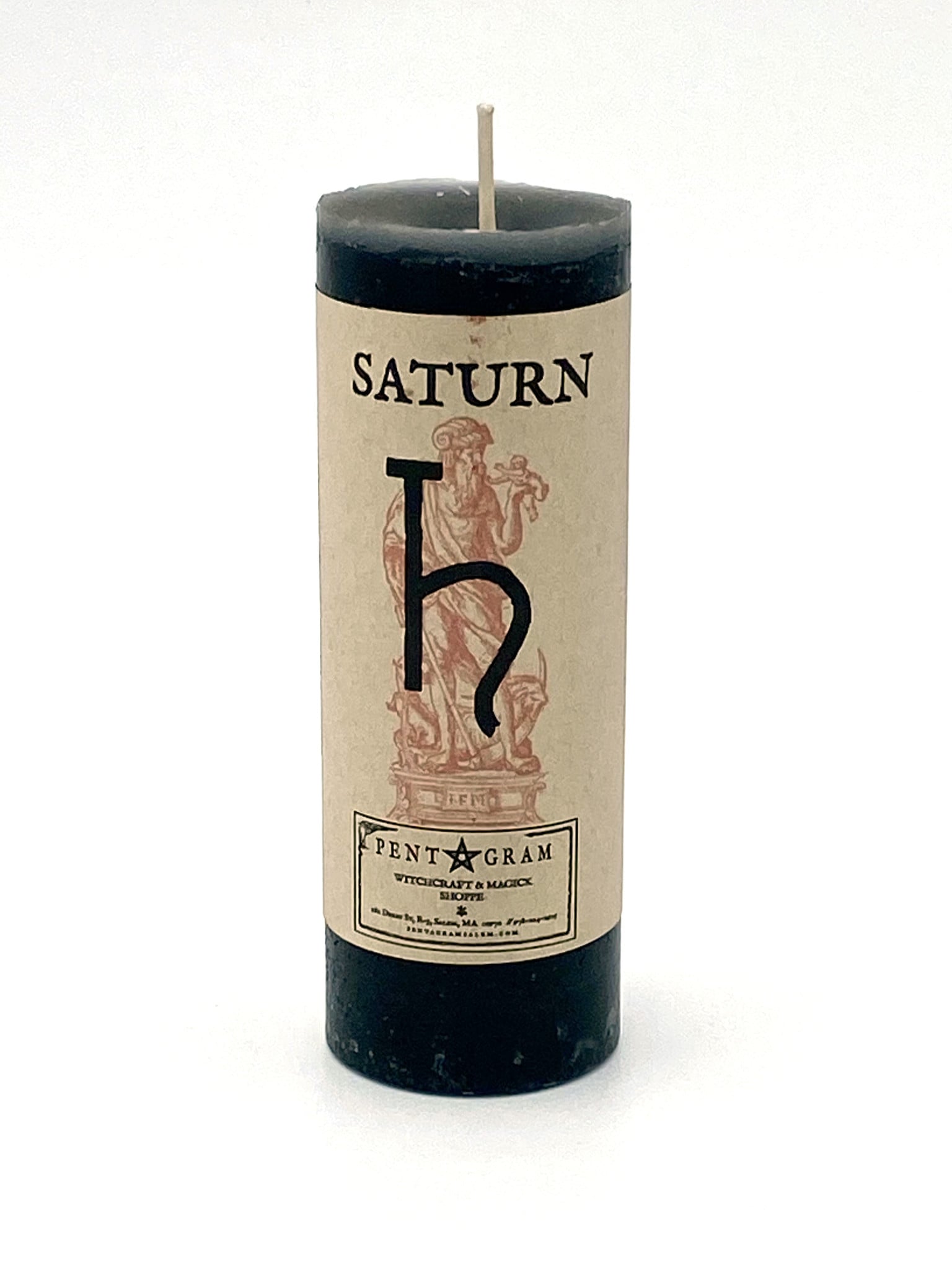Saturn pillar candle, associated with endings and boundaries, for a Samhain altar