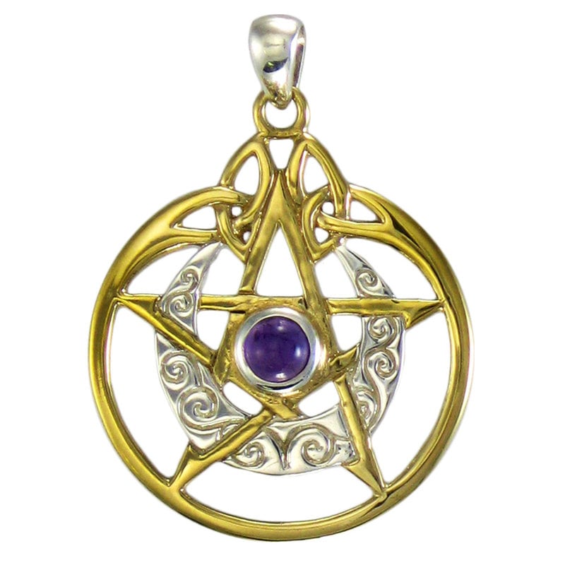 Vermeil Crescent Moon Pentacle Pendant with Circle and Amethyst in Sterling Silver