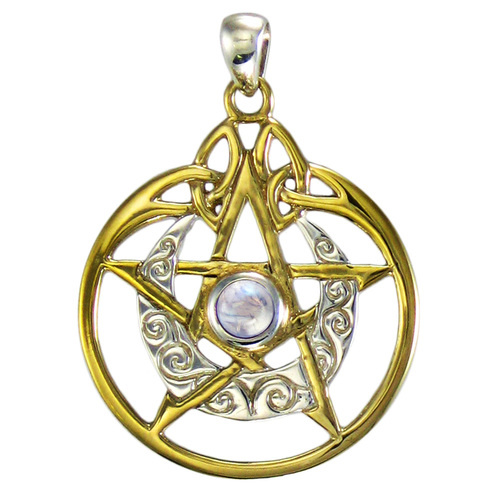 Vermeil Crescent Moon Pentacle Pendant with Circle and White Moonstone in Sterling Silver