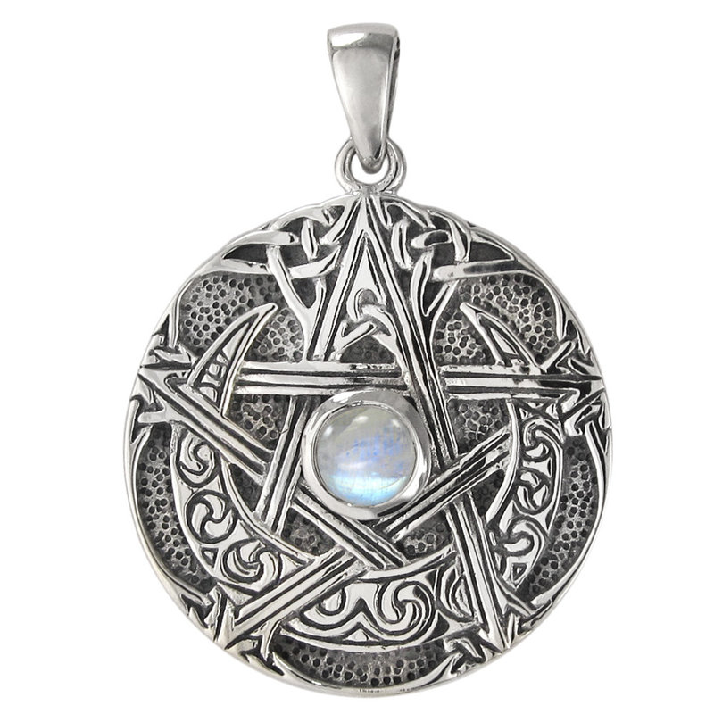 Large Moon Pentacle Pendant with Rainbow Moonstone in Sterling Silver