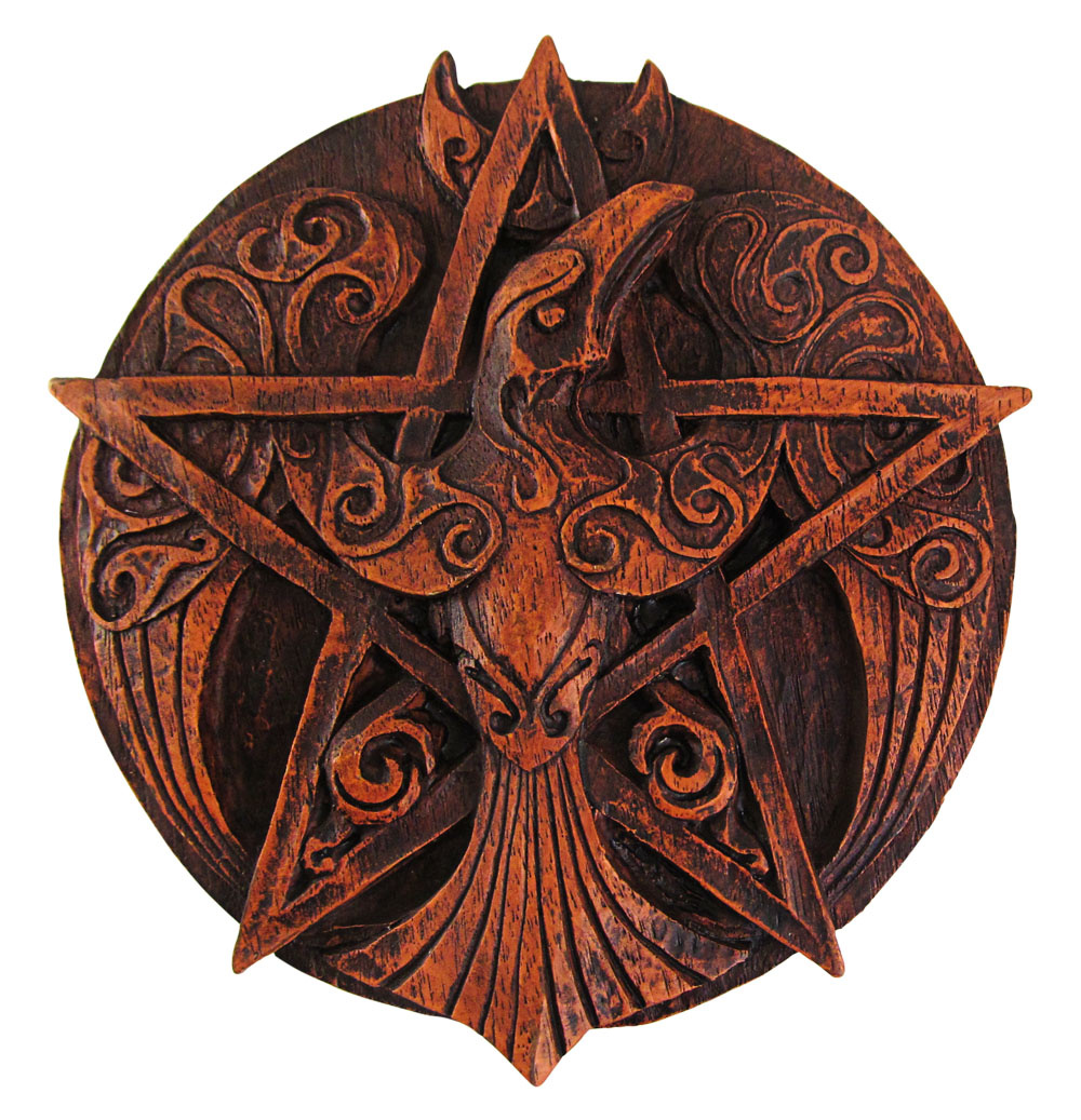 Crescent Raven Pentacle Plaque in Wood Finish