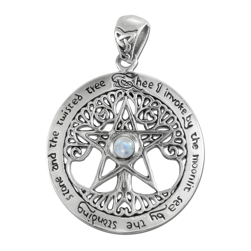 Extra Large Cut-Out Tree Pentacle Pendant in Sterling Silver with Rainbow Moonstone