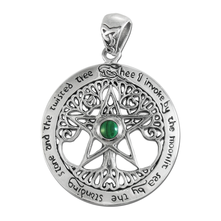 Extra Large Cut-Out Tree Pentacle Pendant in Sterling Silver with Malachite