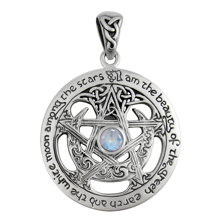 Extra Large Cut Out Moon Pentacle Pendant with Rainbow Moonstone in Sterling Silver