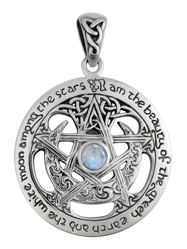 Extra Large Cut Out Moon Pentacle Pendant with Rainbow Moonstone in Sterling Silver