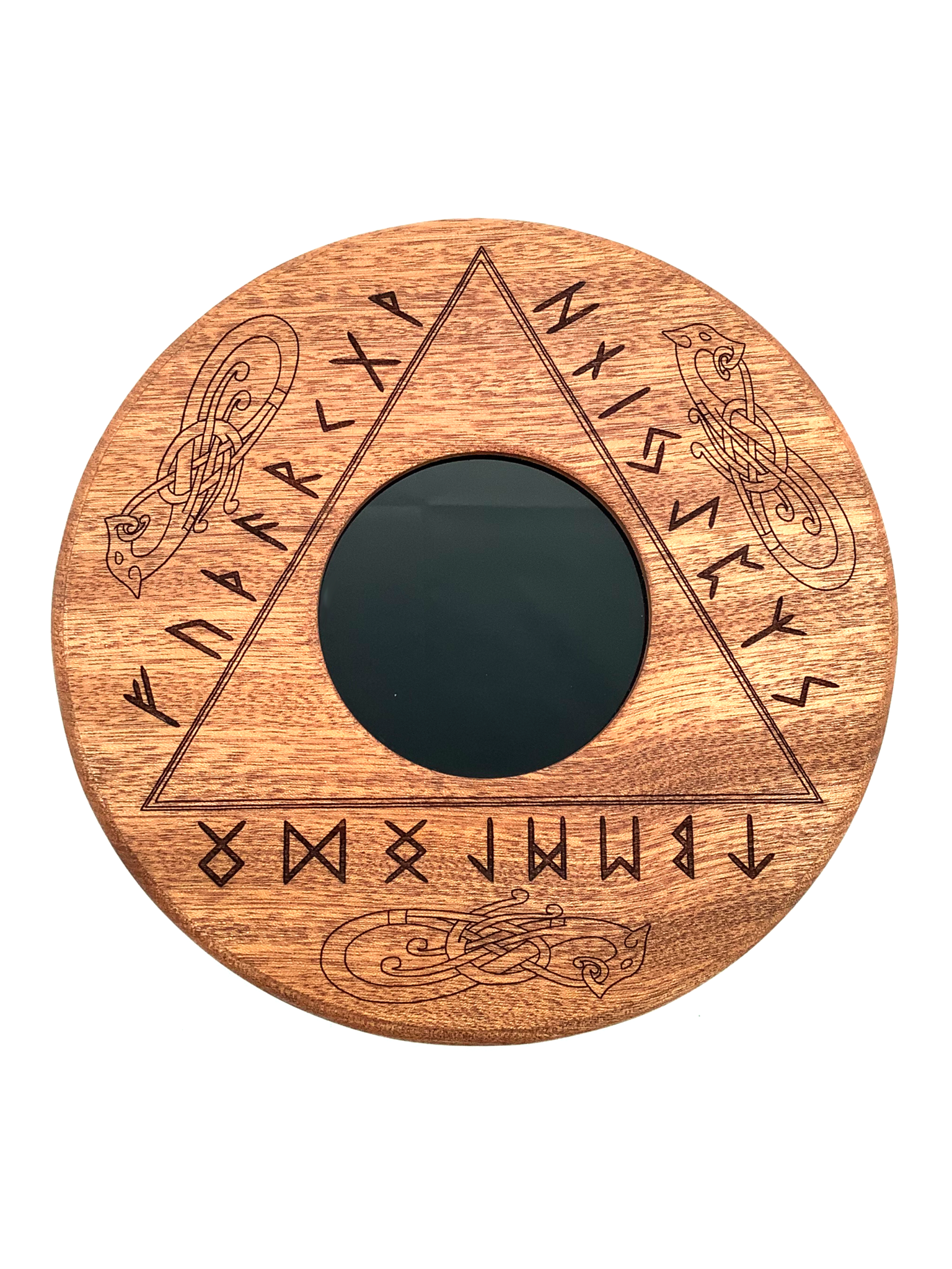Eye of Odin with Elder Futhark Runes Scrying Mirror in Mahogany