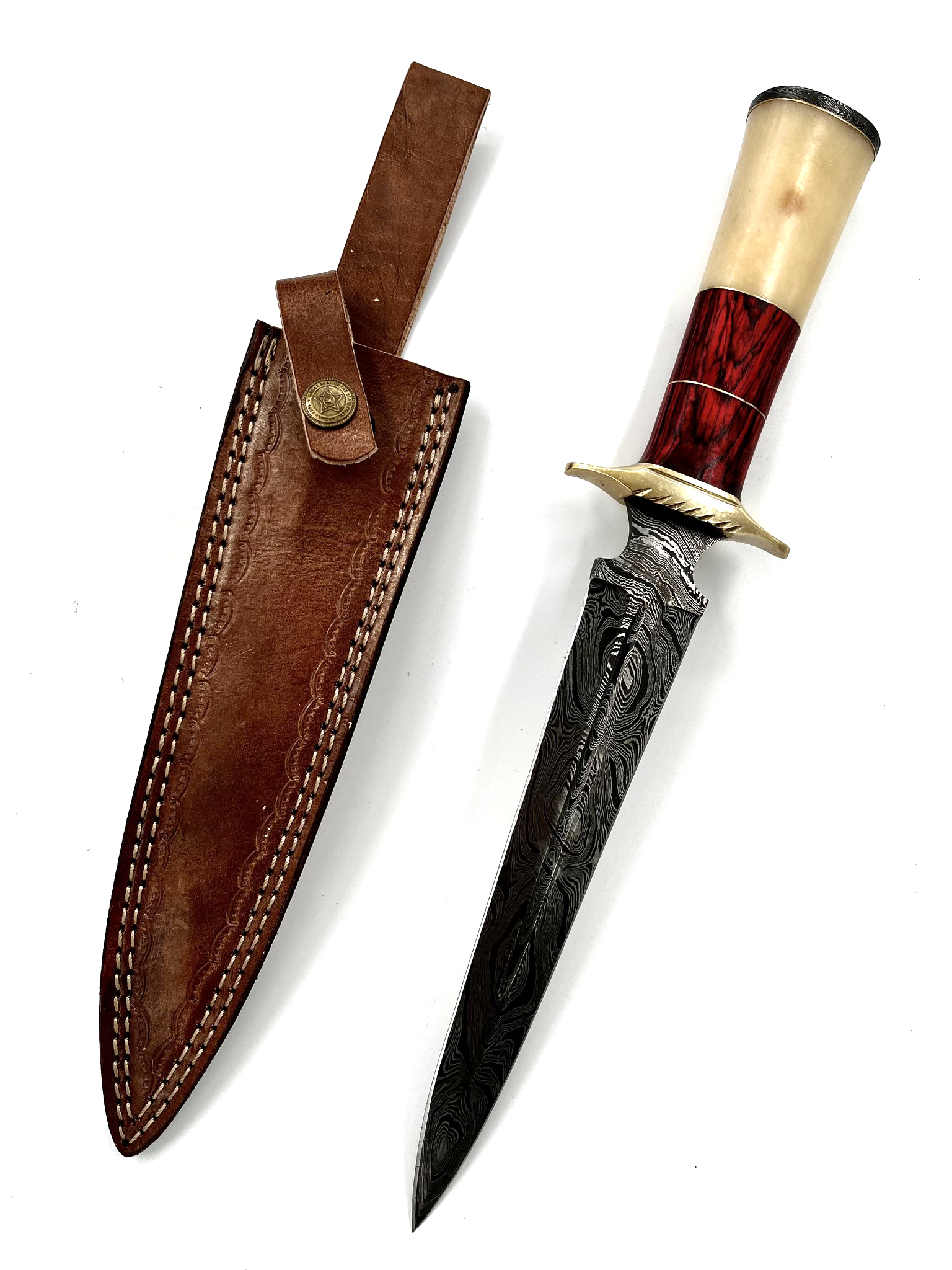 Hand Forged Damascus Steel with Natural Bone and Wood Handle and Leather Sheathe Dagger
