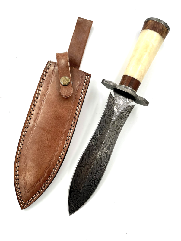 Hand Forged Damascus Steel with Natural Bone Handle and Leather Sheathe  Dagger