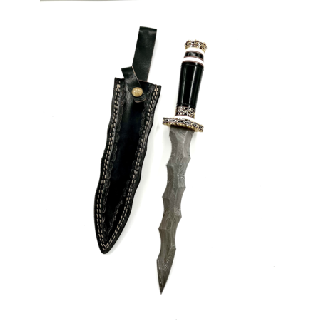 Hand Forged Kris-Shaped Damascus Steel with Natural Black Horn Handle and Leather Sheathe Athame